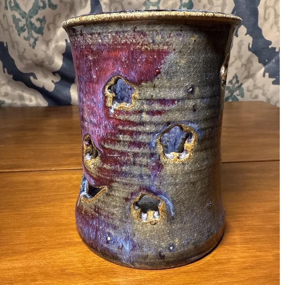 Blue/Purple Glaze Pottery TeaLight/Candle Holder Signed/ by Artist Pottery Clay‎